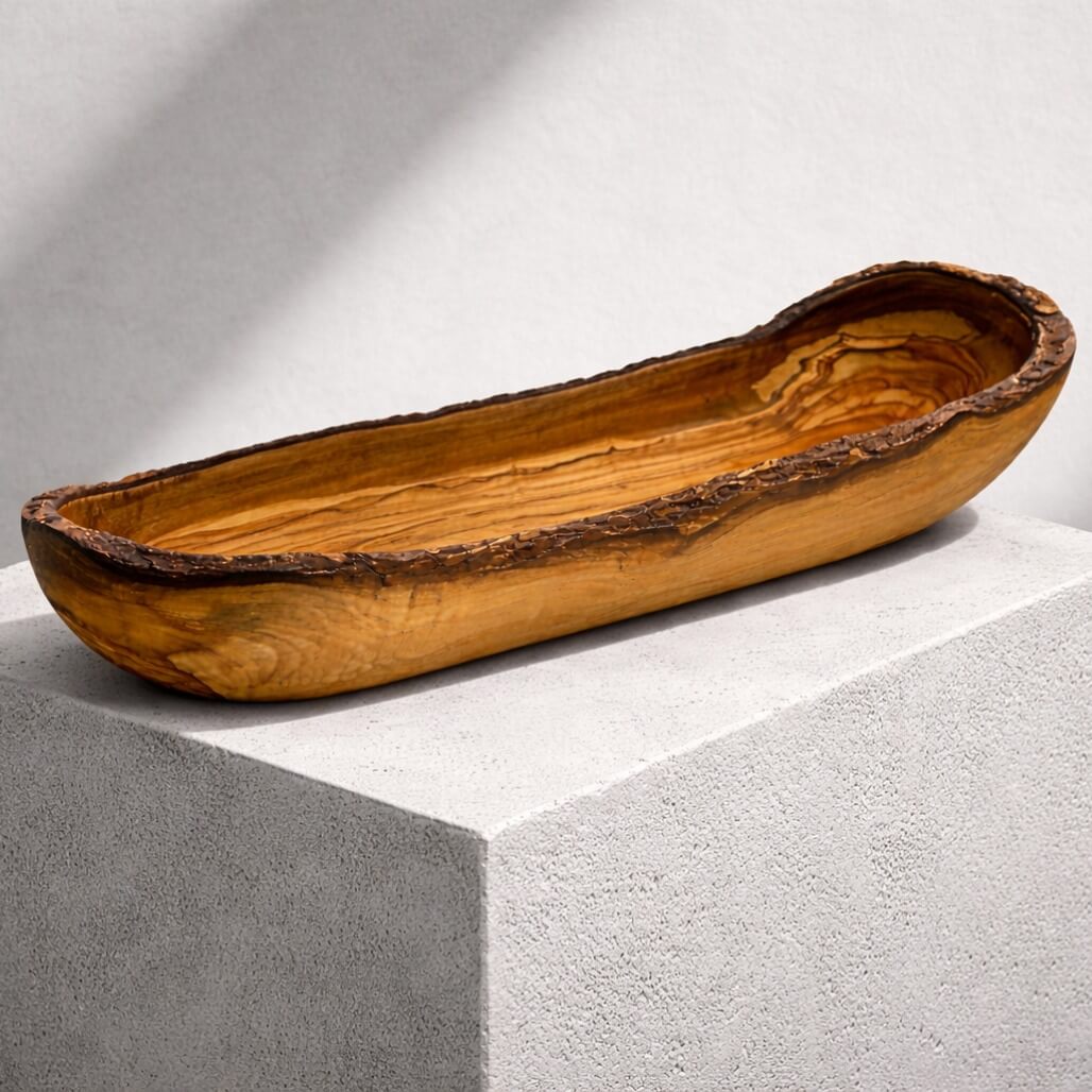 Brød- & baguetteskål i oliventre – rustikk kant (30 cm)