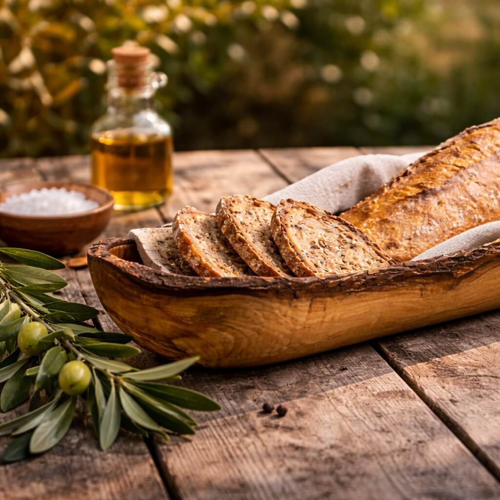 Brød- & baguetteskål i oliventre – rustikk kant (30 cm)
