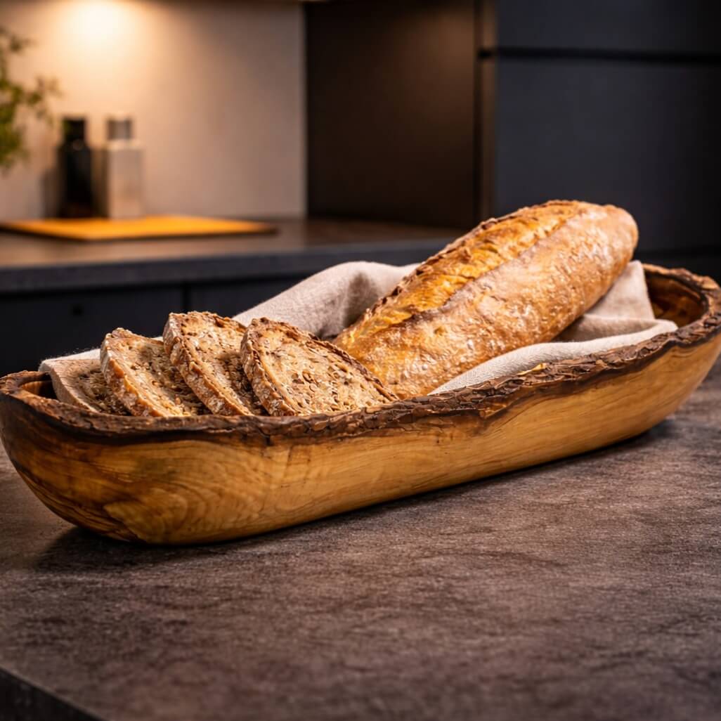 Brød- & baguetteskål i oliventre – rustikk kant (30 cm)