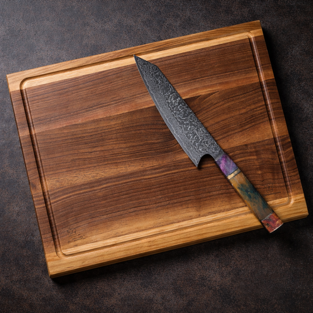 Premium Gourmetsett: Håndsmidd Damaskus Gyuto & Mizo skjærebrett i edeltre