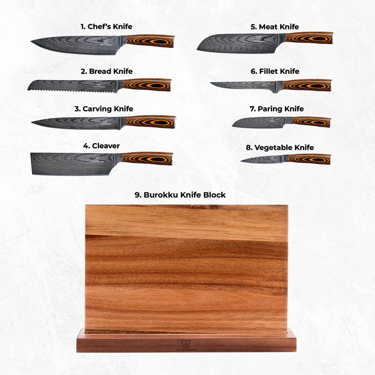 Akarui Premium Knivsett med Burokku Knivblokk
