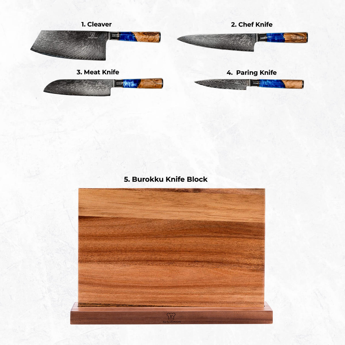 Damask Knivsett Deluxe med Burokku Knivblokk